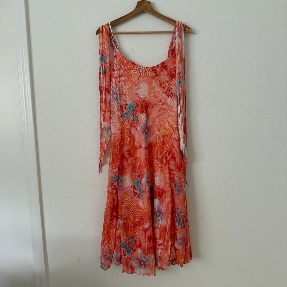Komarov Crinkle Floral Midi Dress Size Large Orange Flowy Formal Spring Wedding - Picture 7 of 13